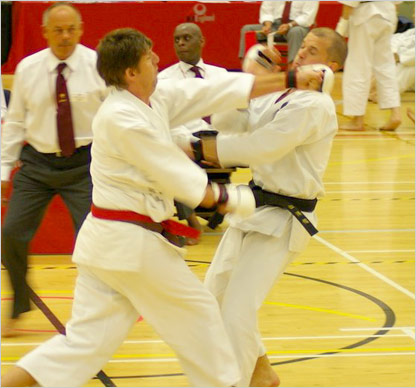 Nigel Hepple competing at the JKA England National Championships in the Senior Male Kumite catergory.